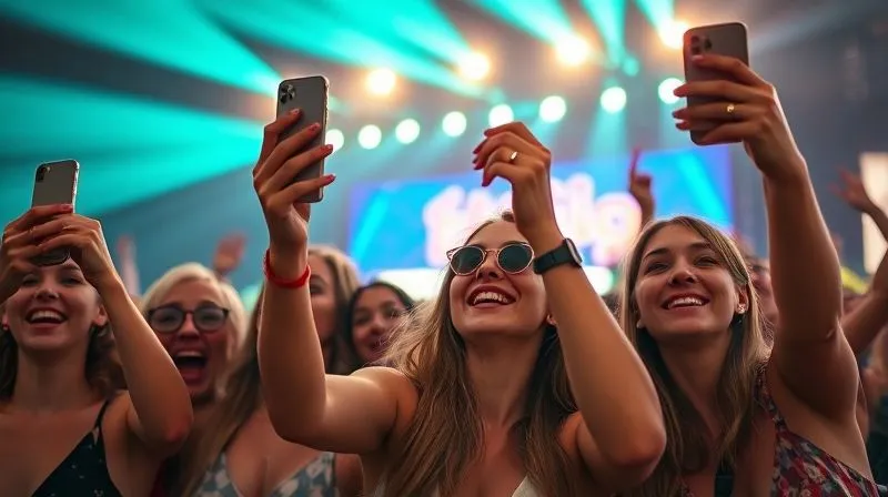 A photorealistic shot of a group of excited friends at a music festival, holding up their phones to capture a moment, with vibrant stage lights in the background. Their faces are filled with joy and anticipation, sharp focus on their interaction, depth of field, cinematic lighting, 8K, professional photography. A photorealistic shot of a group of excited friends at a music festival, holding up their phones to capture a moment, with vibrant stage lights in the background. Their faces are filled with joy and anticipation, sharp focus on their interaction, depth of field, cinematic lighting, 8K, professional photography.