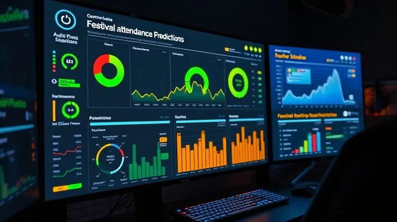 A photorealistic image of a sleek, futuristic data dashboard displaying real-time festival attendance predictions with green, yellow, and red indicators for different attendee segments. The screen is glowing with data visualizations, charts, and graphs, set in a dimly lit control room. Cinematic lighting, sharp focus on the screen, depth of field, 8K, professional photography. A photorealistic image of a sleek, futuristic data dashboard displaying real-time festival attendance predictions with green, yellow, and red indicators for different attendee segments. The screen is glowing with data visualizations, charts, and graphs, set in a dimly lit control room. Cinematic lighting, sharp focus on the screen, depth of field, 8K, professional photography.