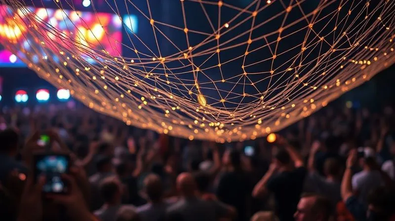 A photorealistic, metaphorical image of a strong, intricate safety net made of glowing light threads, carefully woven beneath a vibrant, energetic music festival crowd. The net is catching a few small, glowing coins or tickets that are falling, signifying financial protection. Cinematic lighting, sharp focus on the net, depth of field blurring the crowd, 8K, professional photography. A photorealistic, metaphorical image of a strong, intricate safety net made of glowing light threads, carefully woven beneath a vibrant, energetic music festival crowd. The net is catching a few small, glowing coins or tickets that are falling, signifying financial protection. Cinematic lighting, sharp focus on the net, depth of field blurring the crowd, 8K, professional photography.