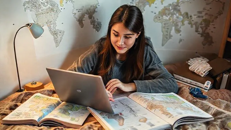 A young female student meticulously planning her budget on a laptop, surrounded by open guidebooks, a world map, and a few foreign currency notes. The setting is a cozy, well-lit study corner, emphasizing focus and preparation. Photorealistic, professional photography, 8K, cinematic lighting, sharp focus, depth of field, shot on a high-end DSLR.