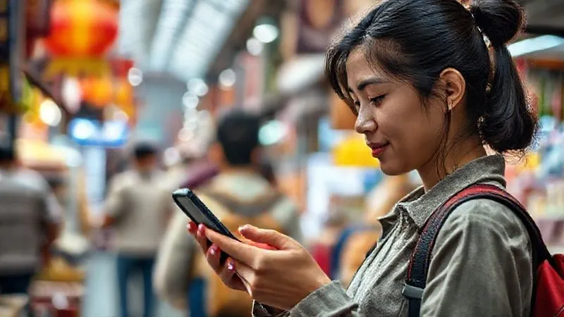 A student confidently checking their mobile banking app on a smartphone, with a small, stylized 'emergency fund' icon clearly visible on the screen. The student is in a bustling, vibrant foreign market, suggesting security amidst potential chaos. Photorealistic, professional photography, 8K, cinematic lighting, sharp focus, depth of field, shot on a high-end DSLR.