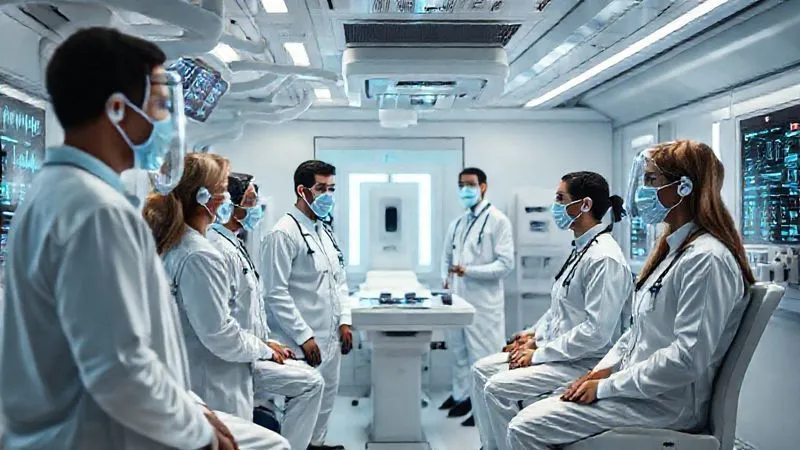 A photorealistic image of a modern, high-tech medical examination room with a diverse group of prospective space tourists undergoing advanced physiological tests, holographic displays showing vital signs, professional medical staff in sterile uniforms, cinematic lighting, sharp focus on the intricate equipment, depth of field blurring the background, 8K hyper-detailed, professional photography. A photorealistic image of a modern, high-tech medical examination room with a diverse group of prospective space tourists undergoing advanced physiological tests, holographic displays showing vital signs, professional medical staff in sterile uniforms, cinematic lighting, sharp focus on the intricate equipment, depth of field blurring the background, 8K hyper-detailed, professional photography.