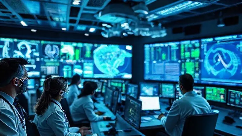 A photorealistic image of a bustling, high-tech medical control center on Earth, multiple large screens displaying real-time physiological data from a commercial spacecraft in orbit, a diverse team of space medicine specialists intently monitoring, holographic charts and communication interfaces, cinematic blue and green ambient lighting, sharp focus on the faces of the focused doctors, depth of field blurring the background screens, 8K hyper-detailed, professional photography. A photorealistic image of a bustling, high-tech medical control center on Earth, multiple large screens displaying real-time physiological data from a commercial spacecraft in orbit, a diverse team of space medicine specialists intently monitoring, holographic charts and communication interfaces, cinematic blue and green ambient lighting, sharp focus on the faces of the focused doctors, depth of field blurring the background screens, 8K hyper-detailed, professional photography.