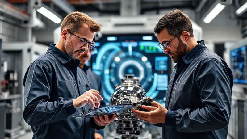A photorealistic image of a diverse team of aerospace engineers in a clean room, meticulously inspecting a component of a space tourism vehicle. One engineer is pointing to a digital checklist on a transparent tablet, while another uses a precision tool. The background shows advanced machinery and a large display with safety metrics, all under cinematic lighting, sharp focus on the team, depth of field blurring the background, 8K hyper-detailed, professional photography. A photorealistic image of a diverse team of aerospace engineers in a clean room, meticulously inspecting a component of a space tourism vehicle. One engineer is pointing to a digital checklist on a transparent tablet, while another uses a precision tool. The background shows advanced machinery and a large display with safety metrics, all under cinematic lighting, sharp focus on the team, depth of field blurring the background, 8K hyper-detailed, professional photography.