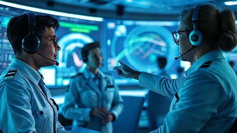 A photorealistic image of a futuristic mission control center, bathed in soft blue and green light. A diverse team, dressed in professional uniforms, is intensely focused on large holographic displays showing real-time data and a 3D trajectory. One team member is calmly speaking into a headset, while another points to a critical alert on a screen, conveying a sense of organized, high-stakes problem-solving during a simulated crisis. Sharp focus, depth of field, 8K hyper-detailed, professional photography. A photorealistic image of a futuristic mission control center, bathed in soft blue and green light. A diverse team, dressed in professional uniforms, is intensely focused on large holographic displays showing real-time data and a 3D trajectory. One team member is calmly speaking into a headset, while another points to a critical alert on a screen, conveying a sense of organized, high-stakes problem-solving during a simulated crisis. Sharp focus, depth of field, 8K hyper-detailed, professional photography.