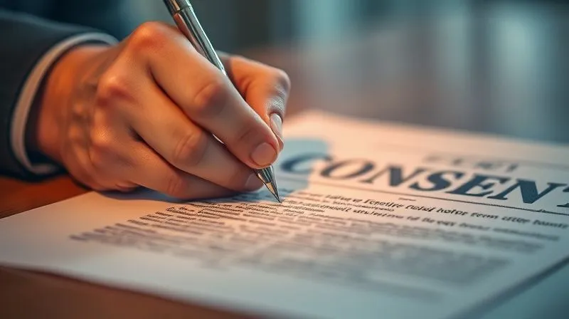 A close-up, photorealistic shot of a hand signing a formal, detailed consent form with a pen, surrounded by a subtle, warm glow, symbolizing trust and clarity. The document has blurred text, indicating its legal nature. Professional photography, 8K, cinematic lighting, sharp focus on the signing hand and pen, depth of field blurring the background, shot on a high-end DSLR. A close-up, photorealistic shot of a hand signing a formal, detailed consent form with a pen, surrounded by a subtle, warm glow, symbolizing trust and clarity. The document has blurred text, indicating its legal nature. Professional photography, 8K, cinematic lighting, sharp focus on the signing hand and pen, depth of field blurring the background, shot on a high-end DSLR.