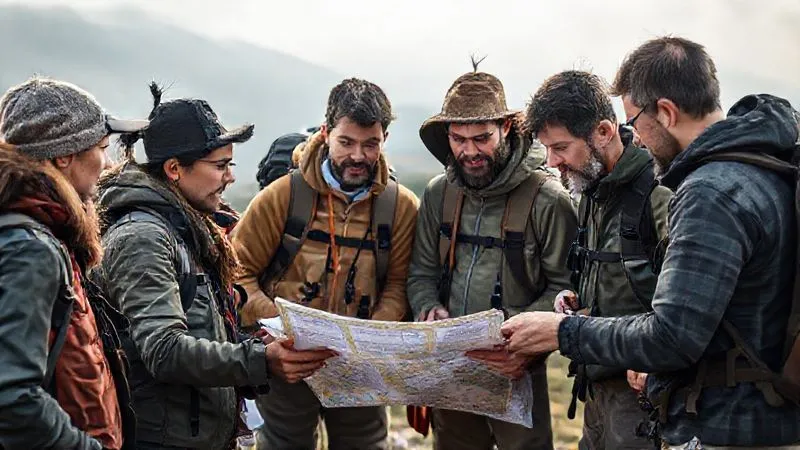 A diverse group of adventure travelers huddle around a map, consulting with a local guide, with a laptop showing legal documents nearby. The scene is photorealistic, professional photography, 8K, cinematic lighting, sharp focus, depth of field, shot on a high-end DSLR. A diverse group of adventure travelers huddle around a map, consulting with a local guide, with a laptop showing legal documents nearby. The scene is photorealistic, professional photography, 8K, cinematic lighting, sharp focus, depth of field, shot on a high-end DSLR.