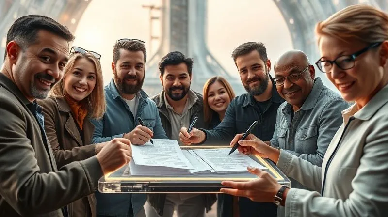 A photorealistic image of a diverse group of individuals, looking determined and excited, signing a stack of complex legal documents on a futuristic tablet, with a blurred background of a sleek spacecraft launchpad. Cinematic lighting, sharp focus on the documents and hands, depth of field, professional photography, 8K. A photorealistic image of a diverse group of individuals, looking determined and excited, signing a stack of complex legal documents on a futuristic tablet, with a blurred background of a sleek spacecraft launchpad. Cinematic lighting, sharp focus on the documents and hands, depth of field, professional photography, 8K.