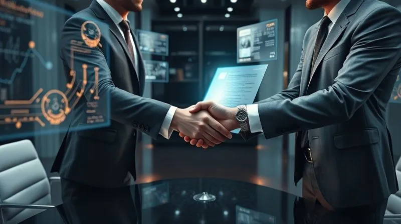 A photorealistic image of a futuristic conference room with holographic legal documents floating around a table. Two individuals, one a space tourism operator and the other a lawyer, are shaking hands over a glowing contract, signifying agreement and legal protection. Cinematic lighting, sharp focus on the handshake and holographic text, depth of field, professional photography, 8K. A photorealistic image of a futuristic conference room with holographic legal documents floating around a table. Two individuals, one a space tourism operator and the other a lawyer, are shaking hands over a glowing contract, signifying agreement and legal protection. Cinematic lighting, sharp focus on the handshake and holographic text, depth of field, professional photography, 8K.