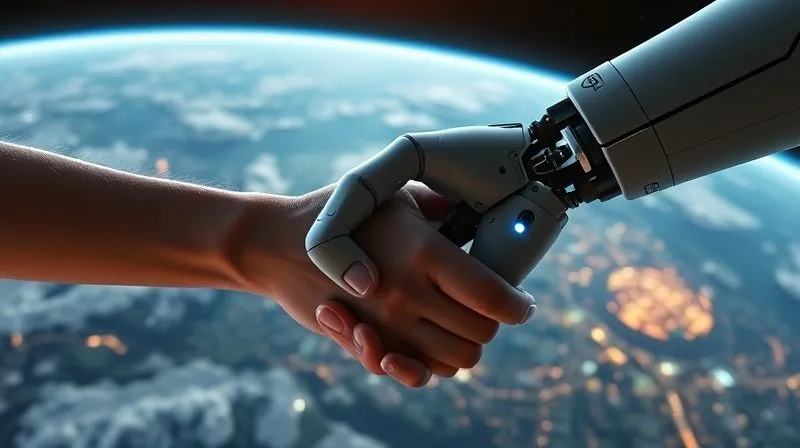 A photorealistic image depicting a handshake between a human hand and a robotic hand, set against a backdrop of Earth seen from space, with subtle glowing lines connecting them to a futuristic city. This symbolizes trust, collaboration, and ethical responsibility in the context of space exploration. Cinematic lighting, sharp focus on the hands, depth of field, professional photography, 8K. A photorealistic image depicting a handshake between a human hand and a robotic hand, set against a backdrop of Earth seen from space, with subtle glowing lines connecting them to a futuristic city. This symbolizes trust, collaboration, and ethical responsibility in the context of space exploration. Cinematic lighting, sharp focus on the hands, depth of field, professional photography, 8K.