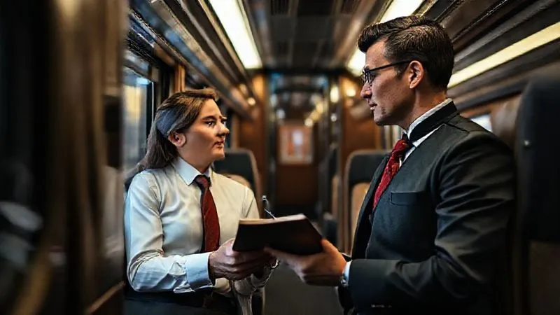 A photorealistic scene inside a luxury train cabin, a well-dressed passenger calmly speaking with a professional train attendant, both maintaining eye contact. The passenger holds a small notepad and pen, subtly indicating documentation. Cinematic lighting, sharp focus on their interaction, depth of field blurring the elegant cabin background. Professional photography, 8K. A photorealistic scene inside a luxury train cabin, a well-dressed passenger calmly speaking with a professional train attendant, both maintaining eye contact. The passenger holds a small notepad and pen, subtly indicating documentation. Cinematic lighting, sharp focus on their interaction, depth of field blurring the elegant cabin background. Professional photography, 8K.