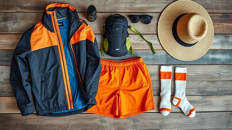 A vibrant, photorealistic flat lay of festival clothing and gear, including a waterproof jacket, quick-dry shorts, merino wool socks, a hydration pack, and a wide-brimmed hat, all neatly organized on a weathered wooden surface. Cinematic lighting, sharp focus, 8K, shot on a high-end DSLR. A vibrant, photorealistic flat lay of festival clothing and gear, including a waterproof jacket, quick-dry shorts, merino wool socks, a hydration pack, and a wide-brimmed hat, all neatly organized on a weathered wooden surface. Cinematic lighting, sharp focus, 8K, shot on a high-end DSLR.