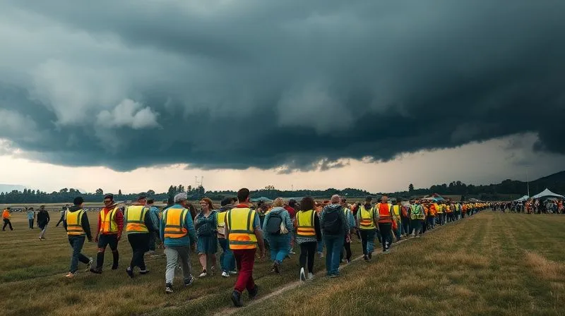 A highly detailed, photorealistic image of festival-goers calmly and orderly evacuating an open field, guided by festival staff in high-visibility vests. A dramatic, dark storm cloud looms in the distance, but the foreground shows people moving towards designated sturdy shelters. Cinematic lighting, 8K, sharp focus on the movement, depth of field blurring the background, shot on a high-end DSLR. A highly detailed, photorealistic image of festival-goers calmly and orderly evacuating an open field, guided by festival staff in high-visibility vests. A dramatic, dark storm cloud looms in the distance, but the foreground shows people moving towards designated sturdy shelters. Cinematic lighting, 8K, sharp focus on the movement, depth of field blurring the background, shot on a high-end DSLR.