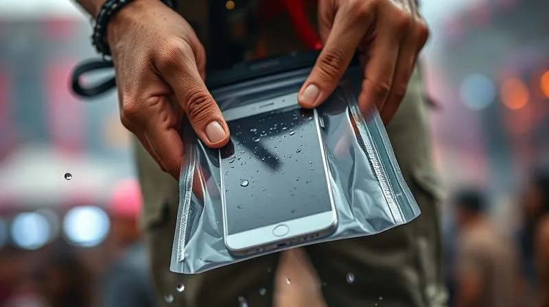 A close-up, photorealistic shot of hands carefully placing a smartphone into a transparent, waterproof dry pouch, with a dusty festival background blurred. Rain droplets are visible on the pouch's surface, emphasizing protection. Cinematic lighting, 8K, sharp focus on the hands and pouch, depth of field, shot on a high-end DSLR. A close-up, photorealistic shot of hands carefully placing a smartphone into a transparent, waterproof dry pouch, with a dusty festival background blurred. Rain droplets are visible on the pouch's surface, emphasizing protection. Cinematic lighting, 8K, sharp focus on the hands and pouch, depth of field, shot on a high-end DSLR.