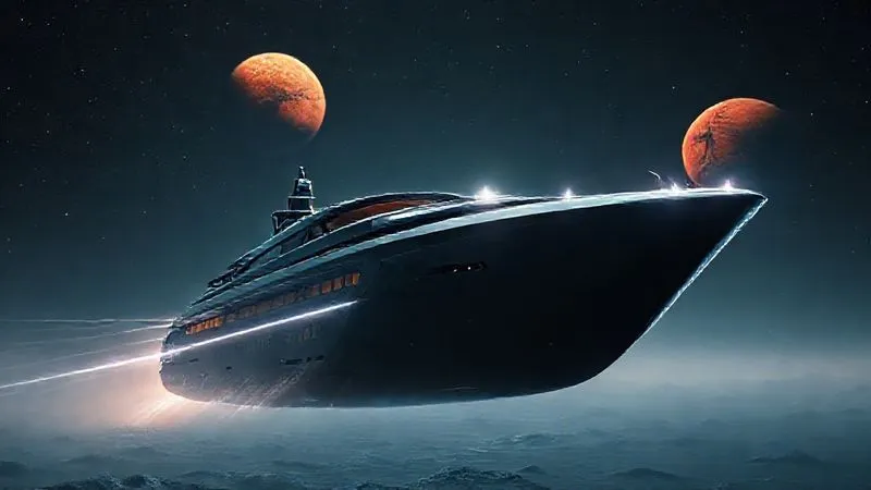 A photorealistic, professional photography, 8K, cinematic lighting, sharp focus, depth of field, shot on a high-end DSLR of a sleek, futuristic deep-space tourist vessel, with a subtle, shimmering energy field visibly surrounding its hull, deflecting streaks of light representing cosmic radiation, against a backdrop of distant stars and a red Mars, conveying advanced protection and exploration.