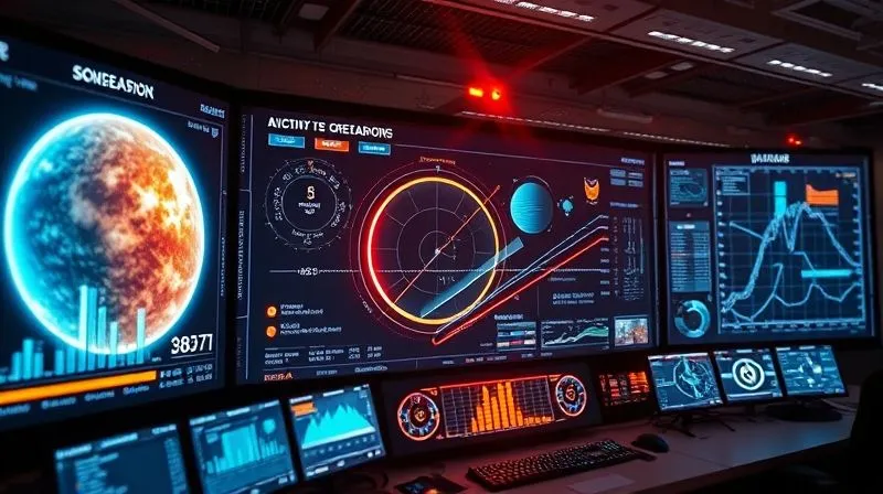 A photorealistic display screen inside a futuristic mission control center, showing complex data visualizations of solar activity, radiation levels, and spacecraft trajectories. Holographic elements and glowing interfaces represent AI analysis. Professional photography, 8K, cinematic lighting, sharp focus on the screen, depth of field, shot on a high-end DSLR. A photorealistic display screen inside a futuristic mission control center, showing complex data visualizations of solar activity, radiation levels, and spacecraft trajectories. Holographic elements and glowing interfaces represent AI analysis. Professional photography, 8K, cinematic lighting, sharp focus on the screen, depth of field, shot on a high-end DSLR.