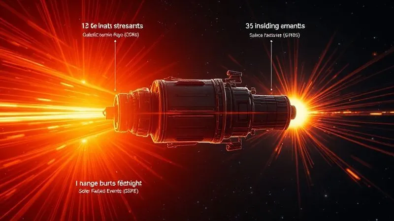 A photorealistic, professional photography, 8K, cinematic lighting, sharp focus, depth of field, shot on a high-end DSLR, depicting a conceptual diagram of a spacecraft being bombarded by two distinct types of radiation: fine, constant streams representing Galactic Cosmic Rays (GCRs) and larger, intense bursts of energy representing Solar Particle Events (SPEs). The spacecraft is rendered with subtle, high-tech shielding elements visible. The background is deep space with distant stars, conveying the vastness and danger.