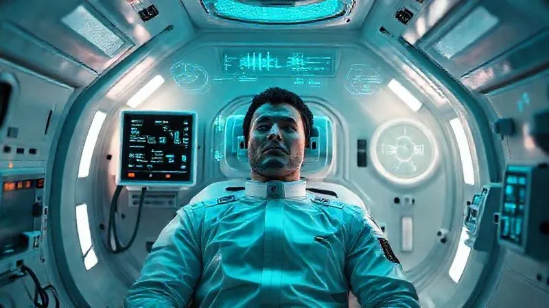 A photorealistic, professional photography, 8K, cinematic lighting, sharp focus, depth of field, shot on a high-end DSLR, depicting a crew member in a clean, futuristic medical bay within a spacecraft. The crew member is undergoing a non-invasive health check-up, with subtle holographic displays showing biometric data and cellular health metrics. The scene conveys advanced medical technology focused on biological protection and monitoring against radiation effects, with a calm, reassuring atmosphere.