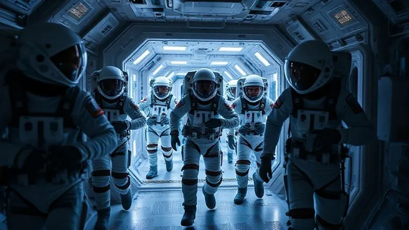 A photorealistic, professional photography, 8K, cinematic lighting, sharp focus, depth of field, shot on a high-end DSLR, depicting a diverse crew of private citizens in advanced, yet practical, space suits, undergoing a simulation in a dimly lit, high-tech training facility. They are actively practicing emergency procedures for a radiation event, moving quickly and efficiently into a designated 'safe haven' area within a mock spacecraft module. The scene conveys intense training and preparedness.