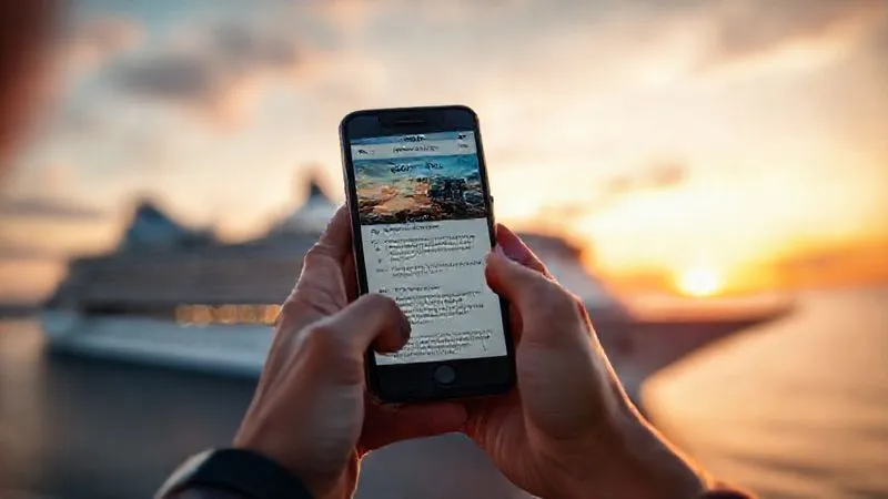 photorealistic, professional photography, 8K, cinematic lighting, sharp focus, depth of field, shot on a high-end DSLR, a traveler's hands holding a smartphone displaying a personalized cruise itinerary and helpful tips, with a blurred backdrop of a serene cruise ship at sunset, symbolizing effective pre-departure communication. photorealistic, professional photography, 8K, cinematic lighting, sharp focus, depth of field, shot on a high-end DSLR, a traveler's hands holding a smartphone displaying a personalized cruise itinerary and helpful tips, with a blurred backdrop of a serene cruise ship at sunset, symbolizing effective pre-departure communication.