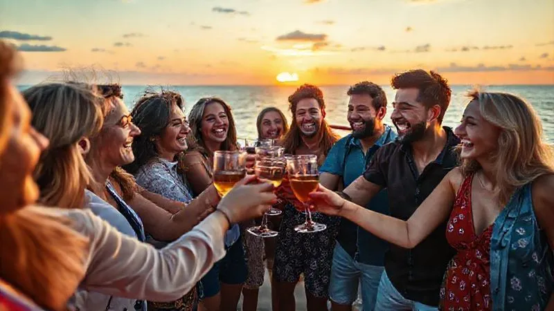 photorealistic, professional photography, 8K, cinematic lighting, sharp focus, depth of field, shot on a high-end DSLR, a diverse group of happy, smiling people on a cruise deck, clinking glasses and laughing, with a backdrop of a beautiful sunset over the ocean, symbolizing a strong, loyal customer community. photorealistic, professional photography, 8K, cinematic lighting, sharp focus, depth of field, shot on a high-end DSLR, a diverse group of happy, smiling people on a cruise deck, clinking glasses and laughing, with a backdrop of a beautiful sunset over the ocean, symbolizing a strong, loyal customer community.