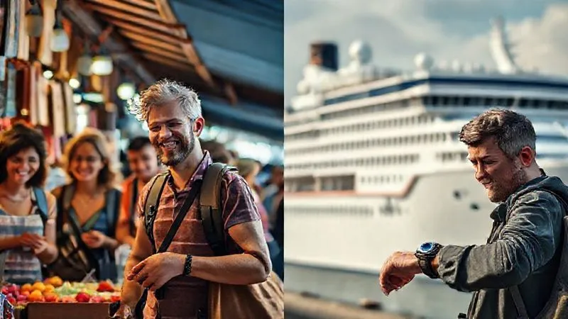 A photorealistic image depicting a split scene: on one side, a small group of tourists happily exploring a vibrant local market with a friendly guide, symbolizing authenticity and freedom. On the other side, a lone traveler looking stressed, checking a watch frantically while a large cruise ship departs in the background, symbolizing the risks of missed timings and isolation. Cinematic lighting, 8K, sharp focus, depth of field, professional photography, shot on a high-end DSLR. A photorealistic image depicting a split scene: on one side, a small group of tourists happily exploring a vibrant local market with a friendly guide, symbolizing authenticity and freedom. On the other side, a lone traveler looking stressed, checking a watch frantically while a large cruise ship departs in the background, symbolizing the risks of missed timings and isolation. Cinematic lighting, 8K, sharp focus, depth of field, professional photography, shot on a high-end DSLR.