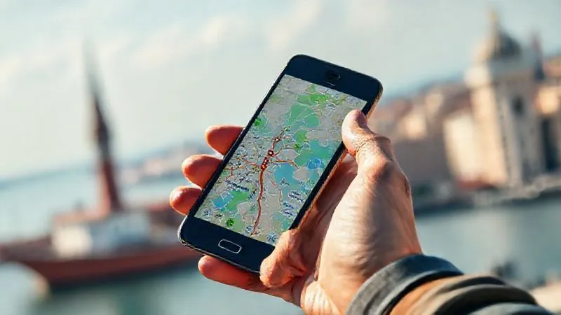 A photorealistic, professional photography, 8K, cinematic lighting, sharp focus, depth of field, shot on a high-end DSLR, depicting a traveler's hand holding a smartphone. The screen displays a clear, colorful map of a foreign city with a GPS route highlighted. In the background, subtly blurred, are iconic landmarks of a European port city, suggesting navigation and exploration with modern tools. A photorealistic, professional photography, 8K, cinematic lighting, sharp focus, depth of field, shot on a high-end DSLR, depicting a traveler's hand holding a smartphone. The screen displays a clear, colorful map of a foreign city with a GPS route highlighted. In the background, subtly blurred, are iconic landmarks of a European port city, suggesting navigation and exploration with modern tools.