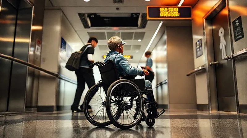 A photorealistic, professional photography image from a low angle, showing a diverse set of accessibility challenges in a travel context: a non-functional elevator, a broken ramp sign, an airline staff struggling with a wheelchair, and an inaccessible public restroom door, all subtly blurred in the background with a determined wheelchair traveler in sharp focus looking prepared and ready to navigate. Cinematic lighting, 8K hyper-detailed, shot on a high-end DSLR. A photorealistic, professional photography image from a low angle, showing a diverse set of accessibility challenges in a travel context: a non-functional elevator, a broken ramp sign, an airline staff struggling with a wheelchair, and an inaccessible public restroom door, all subtly blurred in the background with a determined wheelchair traveler in sharp focus looking prepared and ready to navigate. Cinematic lighting, 8K hyper-detailed, shot on a high-end DSLR.