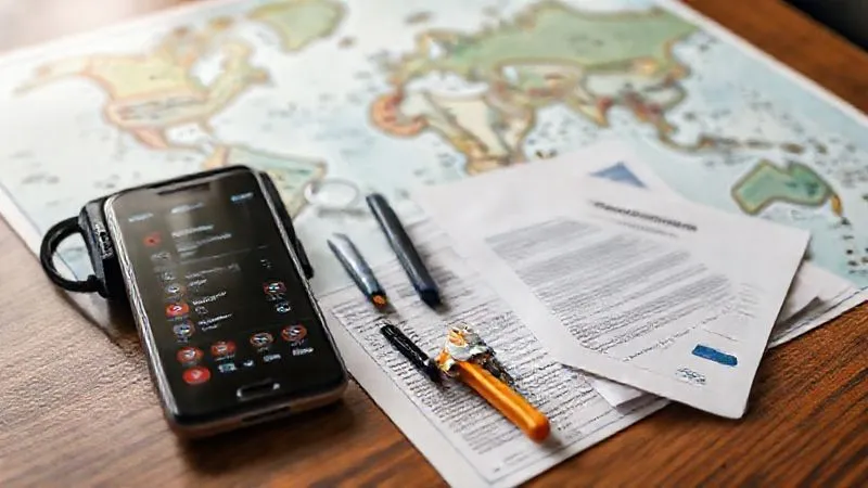 A photorealistic, professional photography image of a detailed travel contingency plan laid out on a table: a smartphone displaying emergency contacts, a small toolkit for wheelchair repairs, printouts of accessible hotel backups, and a travel insurance document, all organized and ready. Cinematic lighting, sharp focus on the items, depth of field blurring a world map in the background. 8K hyper-detailed, shot on a high-end DSLR. A photorealistic, professional photography image of a detailed travel contingency plan laid out on a table: a smartphone displaying emergency contacts, a small toolkit for wheelchair repairs, printouts of accessible hotel backups, and a travel insurance document, all organized and ready. Cinematic lighting, sharp focus on the items, depth of field blurring a world map in the background. 8K hyper-detailed, shot on a high-end DSLR.