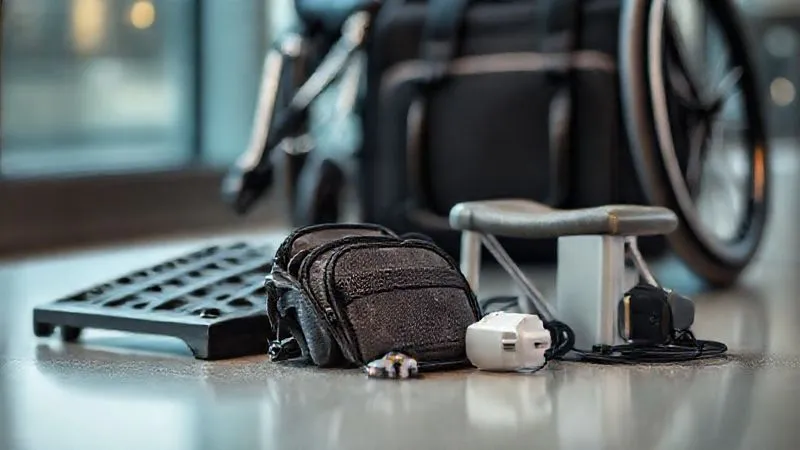 A photorealistic, professional photography image showcasing essential travel gear for a wheelchair user: a compact, foldable portable ramp, a small, organized wheelchair repair kit, a sturdy travel shower chair, and a universal power adapter, all neatly arranged on a travel-friendly surface. Cinematic lighting, sharp focus on the gear, depth of field blurring a travel bag in the background. 8K hyper-detailed, shot on a high-end DSLR. A photorealistic, professional photography image showcasing essential travel gear for a wheelchair user: a compact, foldable portable ramp, a small, organized wheelchair repair kit, a sturdy travel shower chair, and a universal power adapter, all neatly arranged on a travel-friendly surface. Cinematic lighting, sharp focus on the gear, depth of field blurring a travel bag in the background. 8K hyper-detailed, shot on a high-end DSLR.