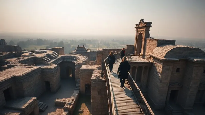 A photorealistic aerial view of an ancient ruin, with clearly defined, elevated wooden walkways guiding a small group of respectful tourists, cinematic lighting, sharp focus on the architectural details, depth of field blurring the distant landscape. The image emphasizes controlled access and preservation. A photorealistic aerial view of an ancient ruin, with clearly defined, elevated wooden walkways guiding a small group of respectful tourists, cinematic lighting, sharp focus on the architectural details, depth of field blurring the distant landscape. The image emphasizes controlled access and preservation.