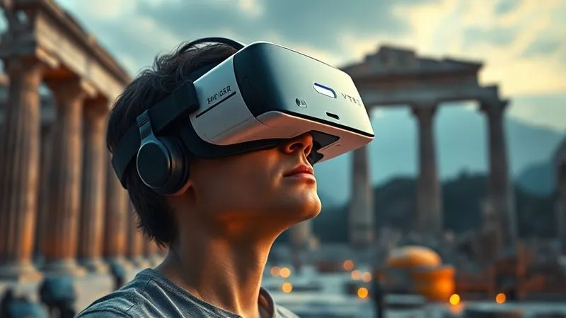 A photorealistic image of a person wearing a sleek VR headset, immersed in a highly detailed virtual reconstruction of an ancient temple, with faint glowing digital elements overlaying real-world ruins in the background. Cinematic lighting, sharp focus on the VR user, depth of field on the virtual elements, 8K hyper-detailed. A photorealistic image of a person wearing a sleek VR headset, immersed in a highly detailed virtual reconstruction of an ancient temple, with faint glowing digital elements overlaying real-world ruins in the background. Cinematic lighting, sharp focus on the VR user, depth of field on the virtual elements, 8K hyper-detailed.