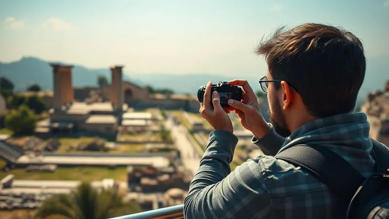 A photorealistic image of a thoughtful, respectful tourist taking a photo of an ancient ruin from a designated viewing platform, with a sense of awe and distance, cinematic lighting, sharp focus on the tourist's profile and the distant ruins, depth of field blurring the immediate foreground. The image conveys responsible engagement. A photorealistic image of a thoughtful, respectful tourist taking a photo of an ancient ruin from a designated viewing platform, with a sense of awe and distance, cinematic lighting, sharp focus on the tourist's profile and the distant ruins, depth of field blurring the immediate foreground. The image conveys responsible engagement.