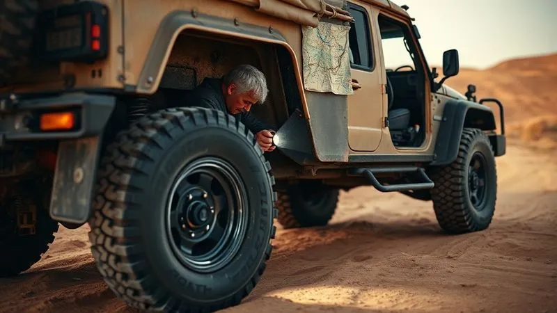 A photorealistic, professional photography shot of a traveler meticulously inspecting the tires and undercarriage of a rugged 4x4 vehicle, parked on a dusty, remote desert track. The traveler is using a flashlight, with a detailed topographical map spread out on the hood. Cinematic lighting, sharp focus on the inspection, depth of field blurring the vast, empty desert landscape. 8K hyper-detailed, shot on a high-end DSLR. A photorealistic, professional photography shot of a traveler meticulously inspecting the tires and undercarriage of a rugged 4x4 vehicle, parked on a dusty, remote desert track. The traveler is using a flashlight, with a detailed topographical map spread out on the hood. Cinematic lighting, sharp focus on the inspection, depth of field blurring the vast, empty desert landscape. 8K hyper-detailed, shot on a high-end DSLR.