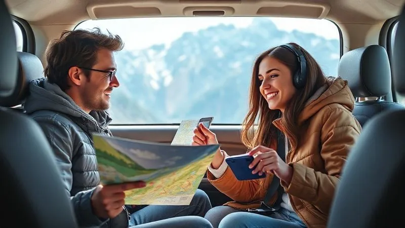 A photorealistic, professional photography image of two friends, one holding a physical map and the other pointing at a satellite messenger device, discussing their route and check-in points. They are sitting comfortably in a well-organized vehicle, with scenic mountains visible through the window. Cinematic lighting, sharp focus on their interaction, depth of field blurring the background. 8K hyper-detailed, shot on a high-end DSLR. A photorealistic, professional photography image of two friends, one holding a physical map and the other pointing at a satellite messenger device, discussing their route and check-in points. They are sitting comfortably in a well-organized vehicle, with scenic mountains visible through the window. Cinematic lighting, sharp focus on their interaction, depth of field blurring the background. 8K hyper-detailed, shot on a high-end DSLR.