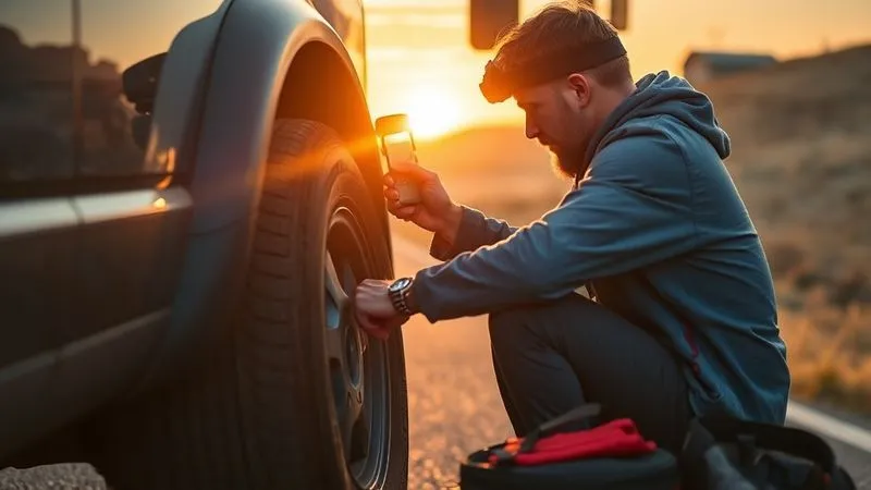 A photorealistic, professional photography shot of a traveler calmly and safely assessing minor damage to their vehicle's tire in a remote, scenic setting. The sun is setting, casting a warm glow, and the traveler is using a headlamp to inspect the tire, with an emergency kit open nearby. Sharp focus on the traveler and vehicle, with a blurred background of a winding road. 8K hyper-detailed, shot on a high-end DSLR. A photorealistic, professional photography shot of a traveler calmly and safely assessing minor damage to their vehicle's tire in a remote, scenic setting. The sun is setting, casting a warm glow, and the traveler is using a headlamp to inspect the tire, with an emergency kit open nearby. Sharp focus on the traveler and vehicle, with a blurred background of a winding road. 8K hyper-detailed, shot on a high-end DSLR.
