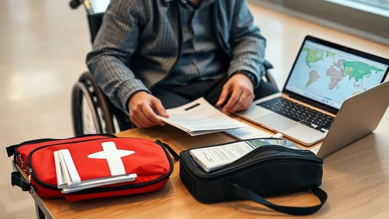 A photorealistic, professional photography, 8K, cinematic lighting, sharp focus, depth of field, shot on a high-end DSLR, of a traveler in a wheelchair meticulously organizing travel documents and an emergency kit on a table, with a laptop displaying an airport map in the background, conveying preparedness and calm. A photorealistic, professional photography, 8K, cinematic lighting, sharp focus, depth of field, shot on a high-end DSLR, of a traveler in a wheelchair meticulously organizing travel documents and an emergency kit on a table, with a laptop displaying an airport map in the background, conveying preparedness and calm.