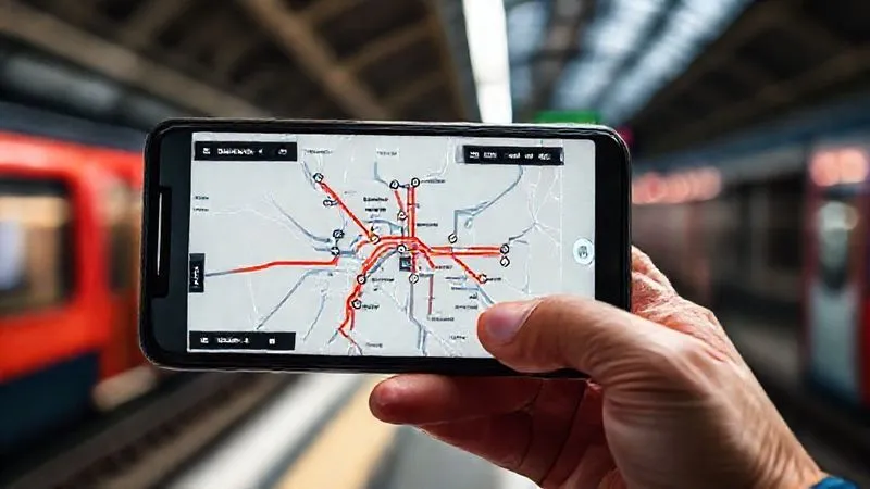 A photorealistic close-up of a smartphone screen displaying a detailed public transport route map with real-time train icons moving along the lines, held in a person's hand against a slightly blurred background of a modern train station platform. Cinematic lighting, sharp focus on the screen, depth of field, 8K hyper-detailed, professional photography, shot on a high-end DSLR. A photorealistic close-up of a smartphone screen displaying a detailed public transport route map with real-time train icons moving along the lines, held in a person's hand against a slightly blurred background of a modern train station platform. Cinematic lighting, sharp focus on the screen, depth of field, 8K hyper-detailed, professional photography, shot on a high-end DSLR.