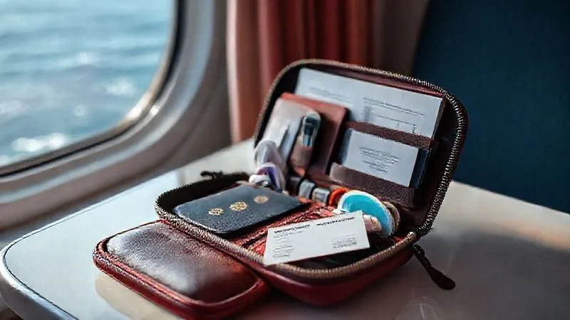 A photorealistic, professional photography, 8K, cinematic lighting, sharp focus, depth of field, shot on a high-end DSLR. A neatly organized travel wallet open on a cruise ship cabin table, displaying passports, travel insurance documents, a small case of essential medications, and a laminated card with emergency contact information. The background shows a glimpse of the ocean through a window, softly blurred. The items are clearly legible and professionally presented. A photorealistic, professional photography, 8K, cinematic lighting, sharp focus, depth of field, shot on a high-end DSLR. A neatly organized travel wallet open on a cruise ship cabin table, displaying passports, travel insurance documents, a small case of essential medications, and a laminated card with emergency contact information. The background shows a glimpse of the ocean through a window, softly blurred. The items are clearly legible and professionally presented.