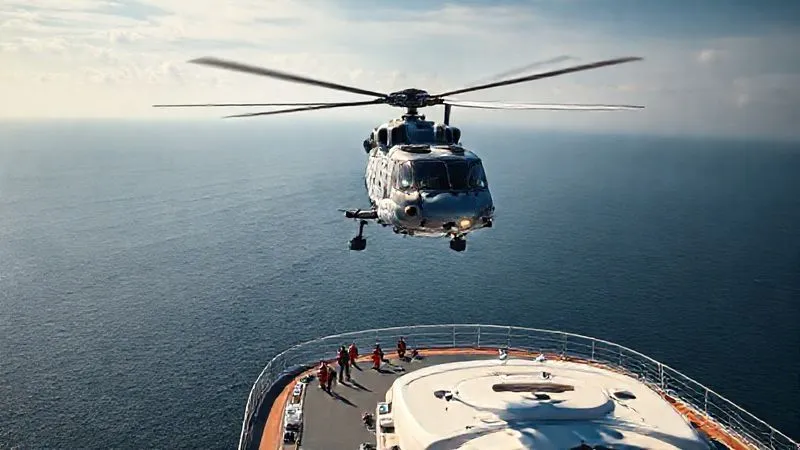 A photorealistic, professional photography, 8K, cinematic lighting, sharp focus, depth of field, shot on a high-end DSLR. A helicopter hovering over a large cruise ship at sea, with a calm ocean and clear sky. The scene is dramatic but depicts a professional and organized emergency medical evacuation. The focus is on the scale and precision of the operation, conveying capability and safety. The ship's deck is visible below, with medical personnel preparing for a transfer. A photorealistic, professional photography, 8K, cinematic lighting, sharp focus, depth of field, shot on a high-end DSLR. A helicopter hovering over a large cruise ship at sea, with a calm ocean and clear sky. The scene is dramatic but depicts a professional and organized emergency medical evacuation. The focus is on the scale and precision of the operation, conveying capability and safety. The ship's deck is visible below, with medical personnel preparing for a transfer.