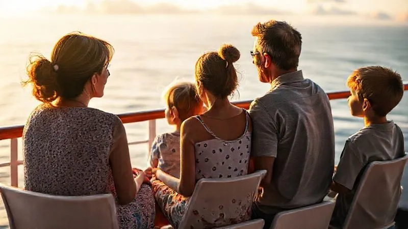 A photorealistic, professional photography, 8K, cinematic lighting, sharp focus, depth of field, shot on a high-end DSLR. A family (two parents, two children) sitting on a cruise ship balcony, looking out at the calm ocean. They are engaged in a relaxed, reassuring conversation, perhaps discussing safety or plans. The mood is peaceful and connected, emphasizing preparation and communication. Golden hour lighting casts a warm glow, creating a comforting atmosphere. A photorealistic, professional photography, 8K, cinematic lighting, sharp focus, depth of field, shot on a high-end DSLR. A family (two parents, two children) sitting on a cruise ship balcony, looking out at the calm ocean. They are engaged in a relaxed, reassuring conversation, perhaps discussing safety or plans. The mood is peaceful and connected, emphasizing preparation and communication. Golden hour lighting casts a warm glow, creating a comforting atmosphere.