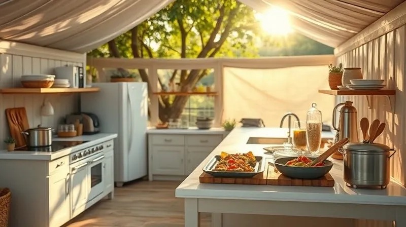 A photorealistic, professional photography, 8K, cinematic lighting, sharp focus, depth of field, shot on a high-end DSLR. A pristine, modern glamping outdoor kitchen, fully equipped and sparkling clean, with sunlight dappling through overhead trees, conveying a sense of safety, professionalism, and inviting culinary experiences. A photorealistic, professional photography, 8K, cinematic lighting, sharp focus, depth of field, shot on a high-end DSLR. A pristine, modern glamping outdoor kitchen, fully equipped and sparkling clean, with sunlight dappling through overhead trees, conveying a sense of safety, professionalism, and inviting culinary experiences.