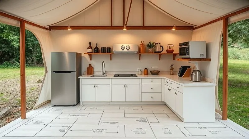 A photorealistic, professional photography, 8K, cinematic lighting, sharp focus, depth of field, shot on a high-end DSLR. A detailed blueprint or conceptual drawing of an efficient, compliant glamping outdoor kitchen layout, highlighting separate zones for prep, cooking, washing, and storage, with annotations for water lines and waste disposal, conveying smart design and foresight. A photorealistic, professional photography, 8K, cinematic lighting, sharp focus, depth of field, shot on a high-end DSLR. A detailed blueprint or conceptual drawing of an efficient, compliant glamping outdoor kitchen layout, highlighting separate zones for prep, cooking, washing, and storage, with annotations for water lines and waste disposal, conveying smart design and foresight.