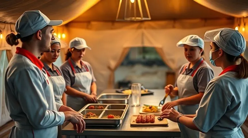 A photorealistic, professional photography, 8K, cinematic lighting, sharp focus, depth of field, shot on a high-end DSLR. A small group of glamping staff, dressed in clean uniforms, attentively participating in a food safety training session in a well-lit outdoor setting. They are gathered around a stainless steel prep table, looking engaged as an instructor demonstrates proper food handling techniques, conveying education and teamwork. A photorealistic, professional photography, 8K, cinematic lighting, sharp focus, depth of field, shot on a high-end DSLR. A small group of glamping staff, dressed in clean uniforms, attentively participating in a food safety training session in a well-lit outdoor setting. They are gathered around a stainless steel prep table, looking engaged as an instructor demonstrates proper food handling techniques, conveying education and teamwork.