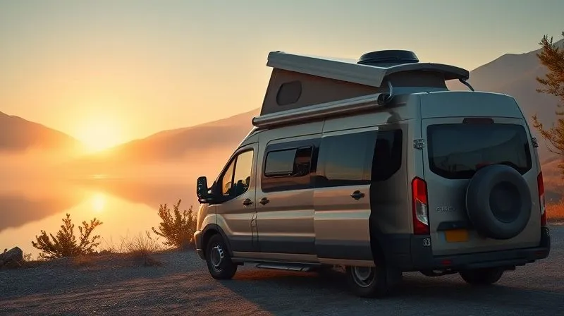 photorealistic, professional photography, 8K, cinematic lighting, sharp focus, depth of field, shot on a high-end DSLR, a cozy, well-maintained campervan parked by a serene lake at sunrise, surrounded by misty mountains, a person brewing coffee outside, evoking a sense of peaceful, affordable adventure and freedom. photorealistic, professional photography, 8K, cinematic lighting, sharp focus, depth of field, shot on a high-end DSLR, a cozy, well-maintained campervan parked by a serene lake at sunrise, surrounded by misty mountains, a person brewing coffee outside, evoking a sense of peaceful, affordable adventure and freedom.