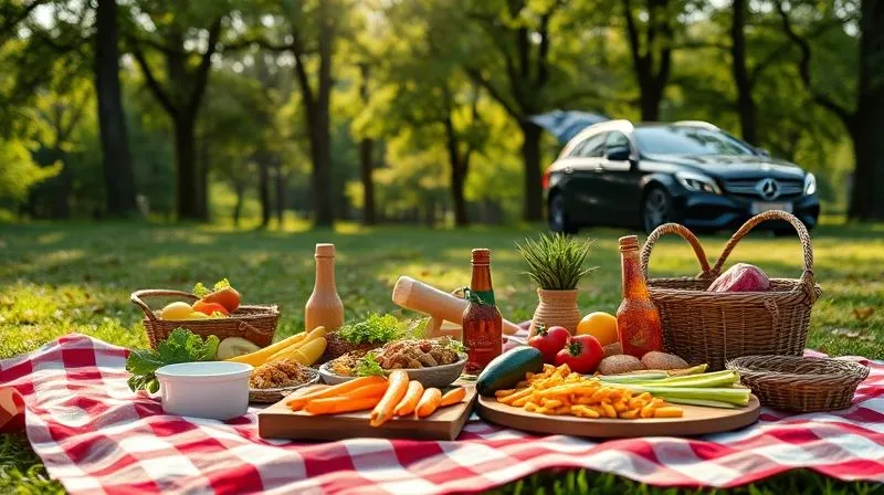 photorealistic, professional photography, 8K, cinematic lighting, sharp focus, depth of field, shot on a high-end DSLR, a vibrant and healthy picnic spread laid out on a checkered blanket in a lush national park, with a car visible in the background, sun filtering through trees, evoking a sense of joyful, affordable outdoor dining. photorealistic, professional photography, 8K, cinematic lighting, sharp focus, depth of field, shot on a high-end DSLR, a vibrant and healthy picnic spread laid out on a checkered blanket in a lush national park, with a car visible in the background, sun filtering through trees, evoking a sense of joyful, affordable outdoor dining.