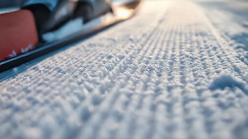 A macro shot, photorealistic, of a cross-country ski base showing a very fine, linear base structure, with tiny, almost invisible grooves. Professional photography, 8K, cinematic lighting, sharp focus on the structure, depth of field, shot on a high-end DSLR. A macro shot, photorealistic, of a cross-country ski base showing a very fine, linear base structure, with tiny, almost invisible grooves. Professional photography, 8K, cinematic lighting, sharp focus on the structure, depth of field, shot on a high-end DSLR.