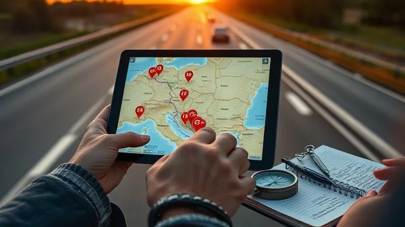 A photorealistic, professional photography, 8K, cinematic lighting, sharp focus, depth of field shot on a high-end DSLR of a person's hands meticulously planning a road trip on a tablet, displaying a complex multi-stop route on a digital map with vibrant pins, while a physical compass and a small notebook with handwritten notes lie beside it. The background is a softly blurred, scenic highway at dawn, symbolizing optimized travel. A photorealistic, professional photography, 8K, cinematic lighting, sharp focus, depth of field shot on a high-end DSLR of a person's hands meticulously planning a road trip on a tablet, displaying a complex multi-stop route on a digital map with vibrant pins, while a physical compass and a small notebook with handwritten notes lie beside it. The background is a softly blurred, scenic highway at dawn, symbolizing optimized travel.