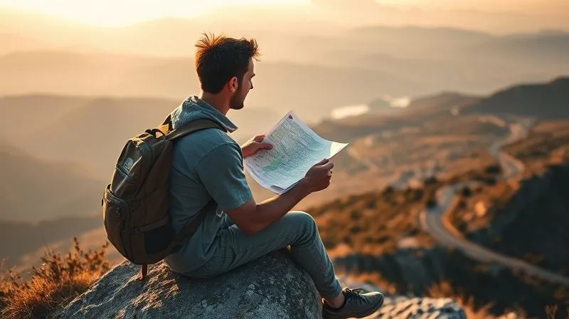 A photorealistic, professional photography, 8K, cinematic lighting, sharp focus, depth of field shot on a high-end DSLR of a traveler sitting on a rock overlooking a vast, serene landscape with a winding road below. The traveler is holding a map, thoughtfully contemplating the route, with a sense of peaceful deliberation rather than rush, embodying mindful time management on a road trip. Golden hour light bathes the scene. A photorealistic, professional photography, 8K, cinematic lighting, sharp focus, depth of field shot on a high-end DSLR of a traveler sitting on a rock overlooking a vast, serene landscape with a winding road below. The traveler is holding a map, thoughtfully contemplating the route, with a sense of peaceful deliberation rather than rush, embodying mindful time management on a road trip. Golden hour light bathes the scene.