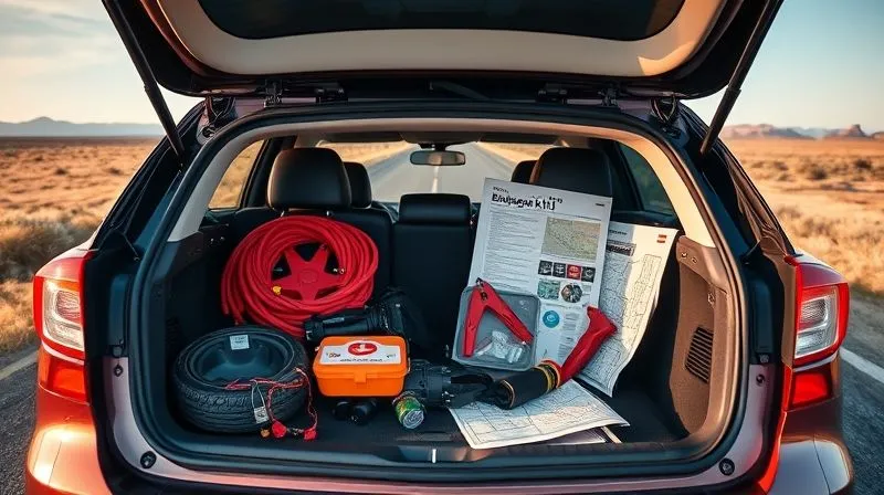 A photorealistic, professional photography, 8K, cinematic lighting, sharp focus, depth of field shot on a high-end DSLR of a well-organized car trunk containing a robust emergency kit: jumper cables, a first-aid kit, a sturdy flashlight, and a comprehensive road atlas, with a spare tire partially visible. The scene suggests preparedness and foresight against a backdrop of an open road stretching into a vast landscape, emphasizing safety and readiness. A photorealistic, professional photography, 8K, cinematic lighting, sharp focus, depth of field shot on a high-end DSLR of a well-organized car trunk containing a robust emergency kit: jumper cables, a first-aid kit, a sturdy flashlight, and a comprehensive road atlas, with a spare tire partially visible. The scene suggests preparedness and foresight against a backdrop of an open road stretching into a vast landscape, emphasizing safety and readiness.